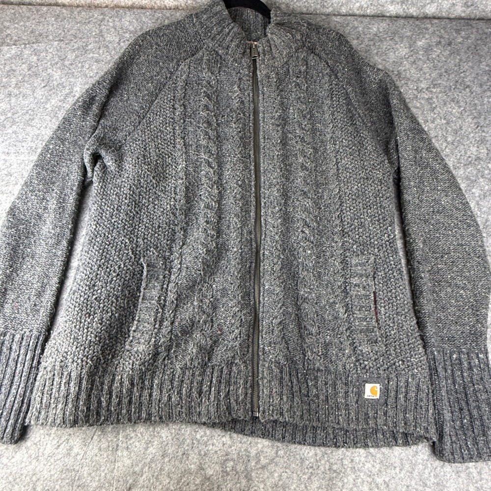 Carhartt Mens XL Gray Flannel Lined Cable Knit Full Zip Cardigan Sweater 101429